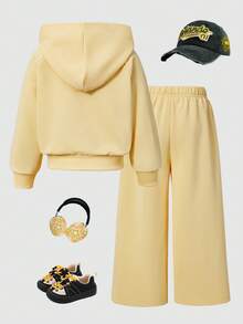 SHEIN ChillGRL Streecool Ensemble 2 pièces pour jeune fille, vêtements d'automne, épaisseur régulière, tricot, décontracté et polyvalent, veste à capuche zippée et pantalon ample à jambes larges avec imprimé graphique de sports équestres, convient pour les sports décontractés - Jaune citron - Voir 2