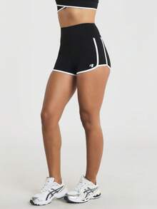 11SKNDS High Waist Athletic Running Shorts With Contrast White Piping Detail And Sporty Dolphin Hem Slim Fit Booty Shorts For Training Gym And Summer Workouts - Black and White - View 4