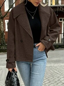 EMERY ROSE Women's Large Lapel Decorative Button Long Sleeve Wool Coat - Coffee Brown - View 3