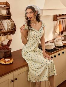 Sweet Ditsy Floral Wide Shoulder Sleeve A-Line Women Nightgown - Multicolor - View 4