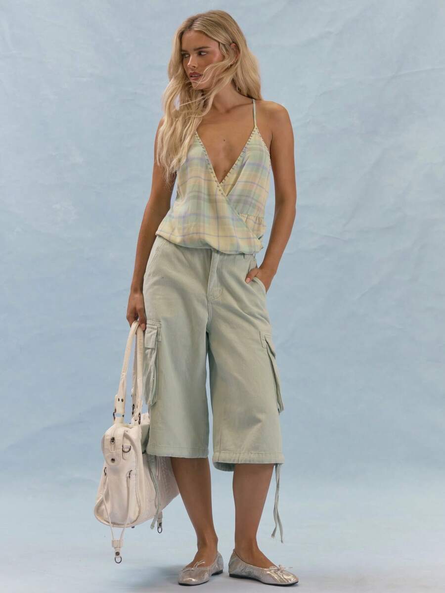 MUSERA Mid Rise Longline Cargo Denim Shorts With Flap Pockets Summer Casual Everyday Y2K Soft Social - Baby Blue - View 1