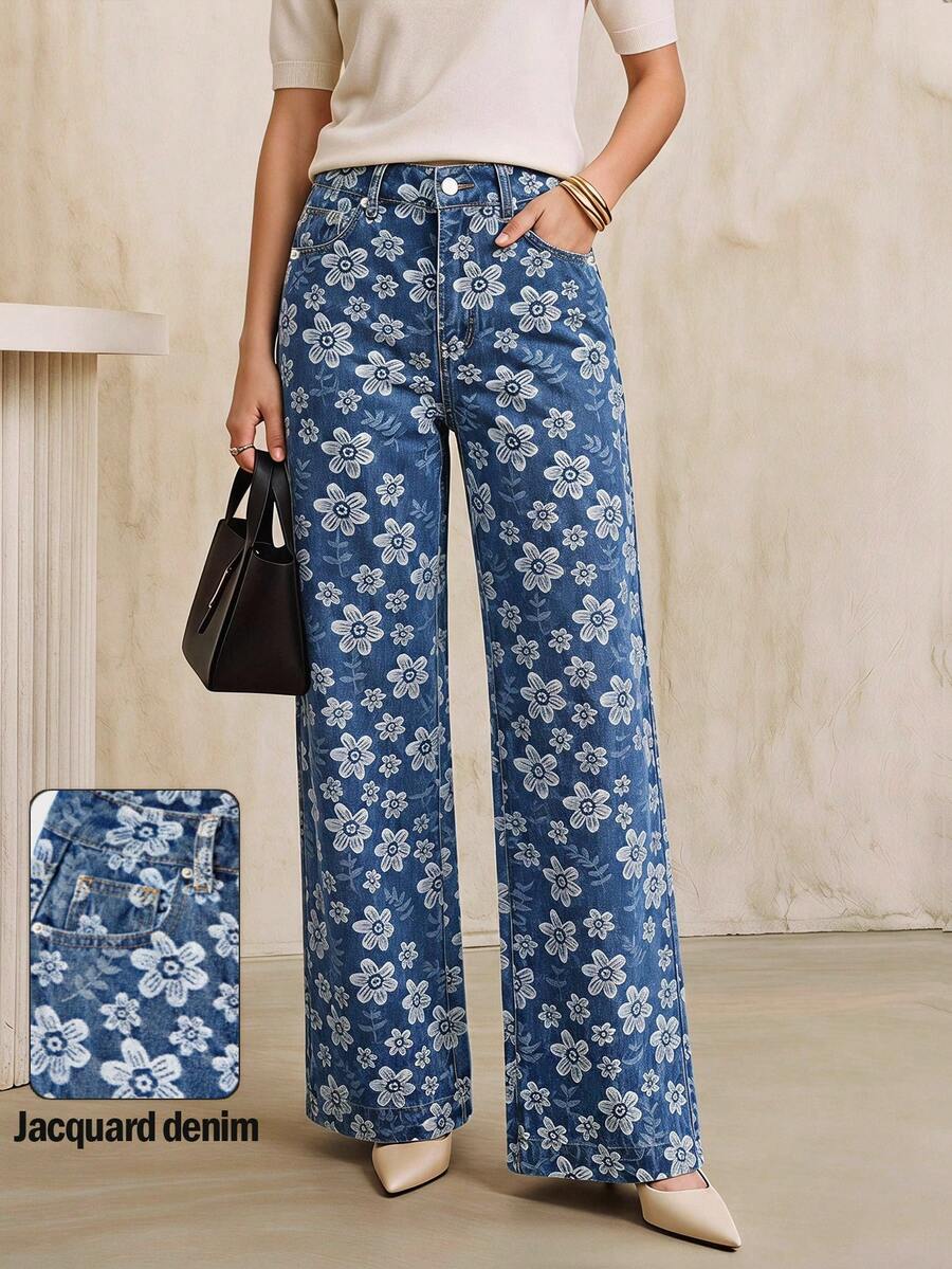 SHEIN Essnce 女款時尚街頭風提花鈕扣口袋牛仔長褲 - 藍色 - 查看 1