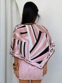 Aloruh Women's Elegant Square Neck Asymmetrical Batwing Sleeve Satin Printed Blouse - Multicolor - View 6