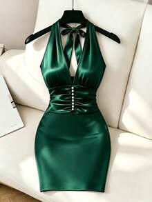 SHEIN LUNE New Sexy V-Neck Cross Neckline Tie Sleeveless Shiny Fabric Elegant Commute Wear Young Versatile Daily Slim Fit Women's Mini Dress, Satin, Dark Green - Dark Green - View 1