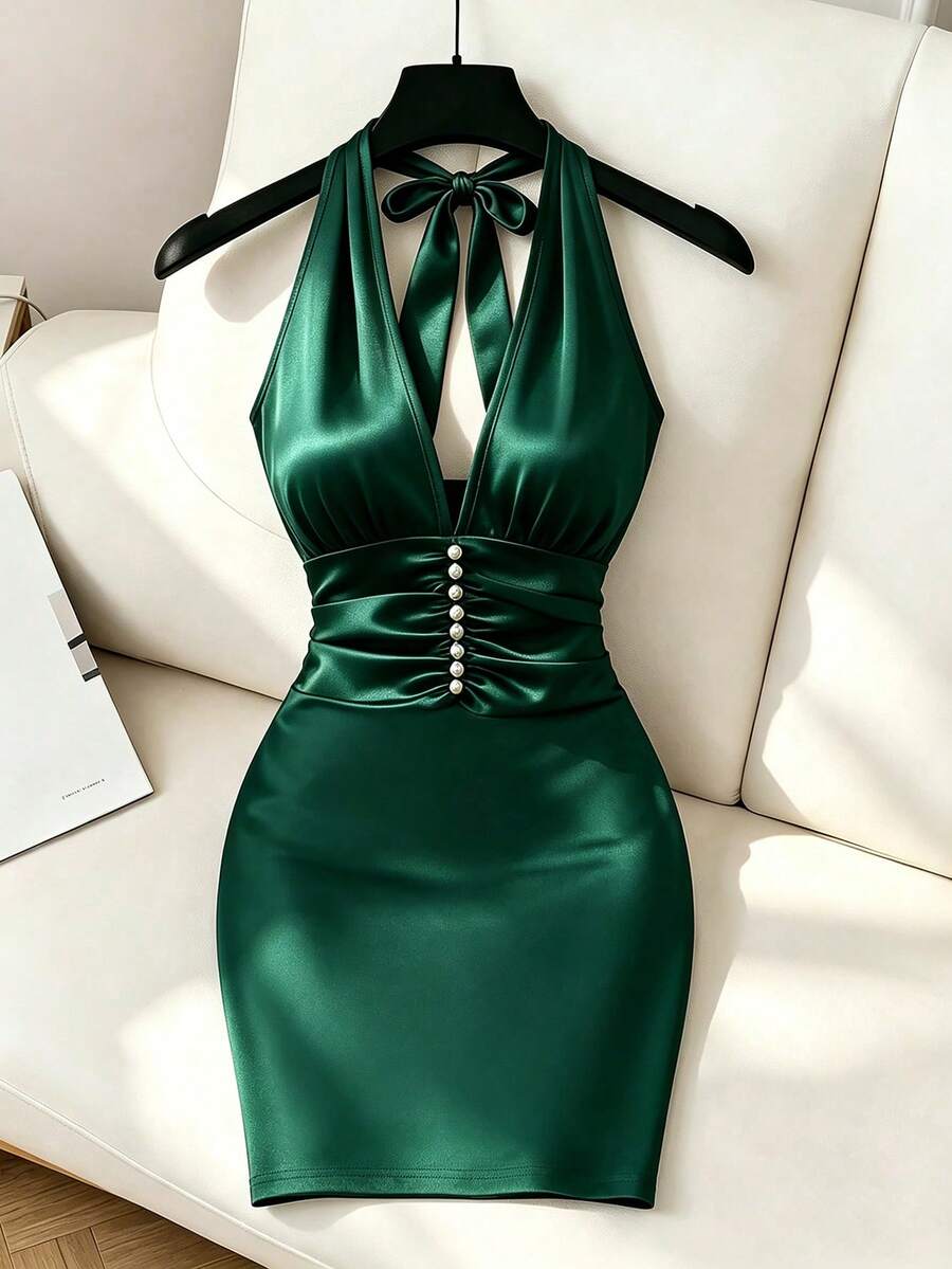 SHEIN LUNE New Sexy V-Neck Cross Neckline Tie Sleeveless Shiny Fabric Elegant Commute Wear Young Versatile Daily Slim Fit Women's Mini Dress, Satin, Dark Green - Dark Green - View 1