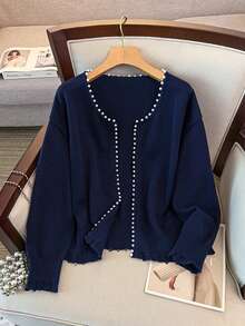 GlowEve CURVE Plus Size Elegant Beaded Round Neck Long Sleeve Cardigan - Navy Blue - View 1