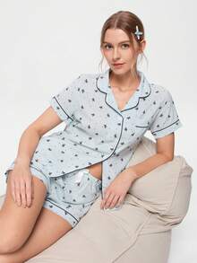Bonmuse Conjunto de Pijama com Estampa de Laço, Manga Curta e Shorts para Mulheres - Azul bebê - Visão 8