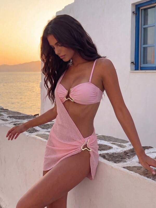 Swim SXY Women's 3-Piece Bikini Swimsuit Set, Summer New Black Old Money Style Solid Color Sleeveless One-Shoulder Asymmetric Mesh Swim Skirt, Vacation Style Glamorous Metal Decor Sexy Sun Protection Beachwear