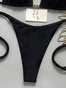Swim Vcay 女款夏季海灘度假掛脖性感丁字比基尼套裝，珠飾裝飾，女性節慶穿搭，度假穿搭，海灘穿搭，黑色上衣 - 黑色 - 查看 5