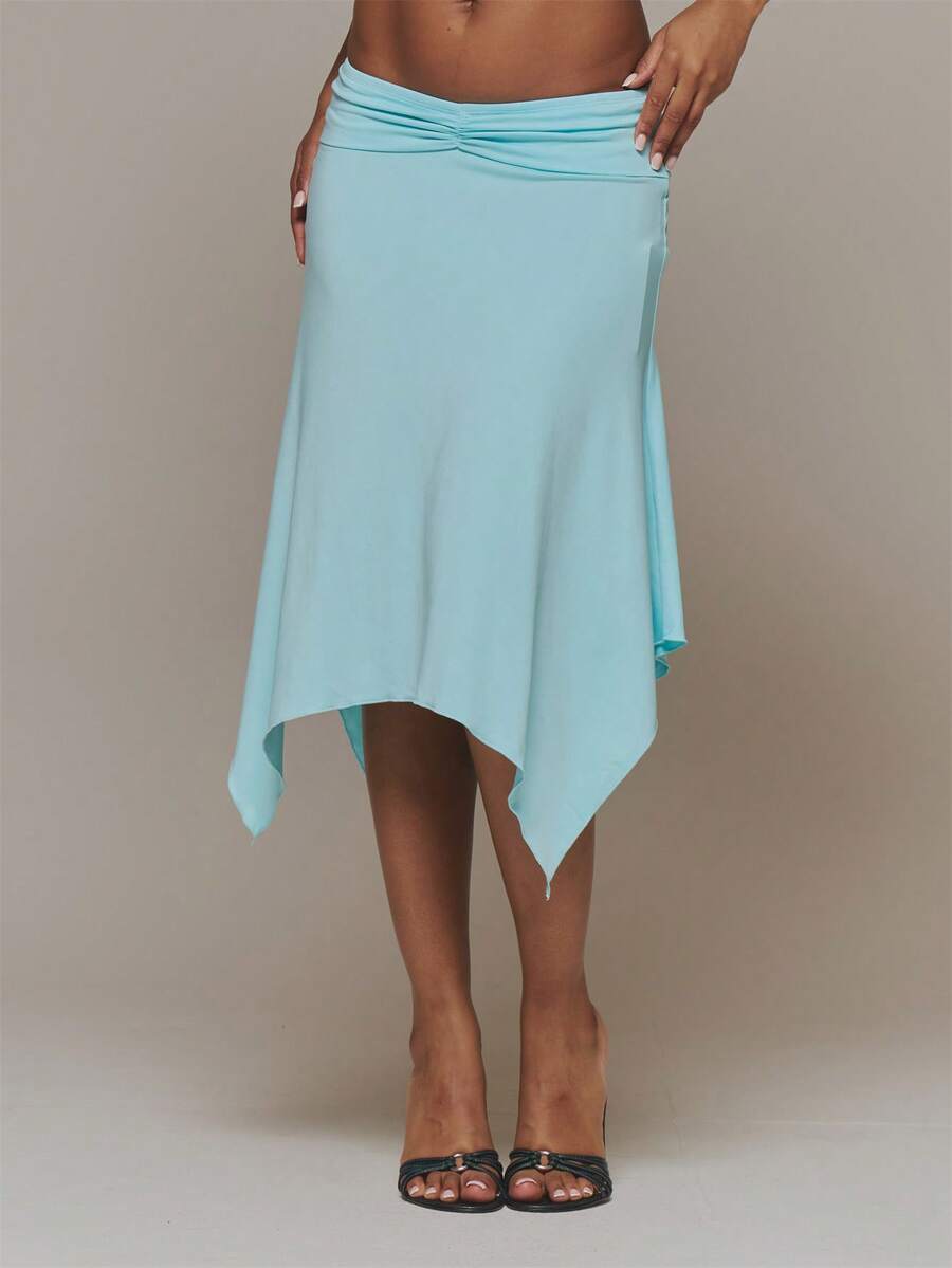 MUSERA Blue Slinky Ruched Front Draped Hanky Hem Midi Skirt - Blue - View 1