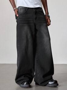 ROMWE MEN Jeans de corte holgado con patrón bordado para hombre - Negro - Ver 6