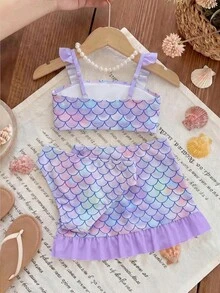 SHEIN 少女美人魚鱗片印花比基尼套裝，時尚休閒優雅泳裝，適合夏季游泳、海灘、度假 - 紫色 - 查看 2