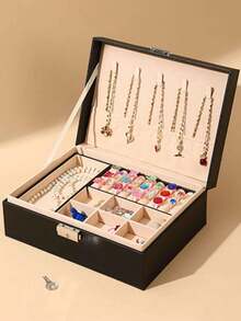 Lockable Double-Layer Large Capacity Jewelry Box, Luxury PU Leather Jewelry Storage Box, Desktop Organizer Container, Jewelry Accessory Holder For Necklaces, Earrings, Rings, Bracelets, Holiday Gift - Multicolor - View 11