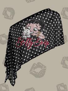 Betty Boop x SHEIN Women's Summer Fashion Polka Dot Cartoon Print Asymmetric Top - Black - View 3