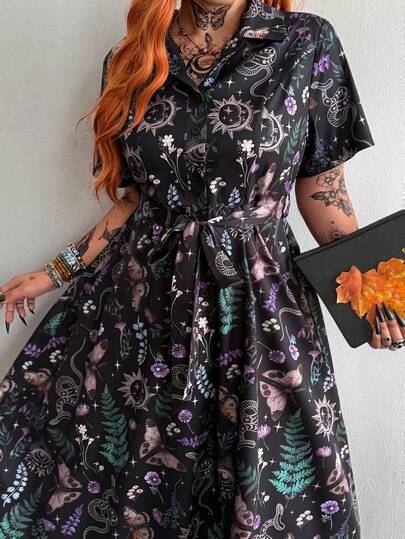 Whyspr Plus Size Women's New Vintage Casual College Fashion Dark Punk Style Printed Shirt Collar Button Front A-Line Short Sleeve Dress With Belt Design, Suitable For Daily Wear, Office, Thanksgiving, New Year, Prom, Vacation, Back To School, Holiday, Birthday Party, Valentine's Day, Spring Dress, Summer Dress, All Season