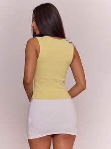 MUSERA ESSENTIALS Soft Rib V Plunge Neckline Sleeveless Fitted Cropped Tank Vest Top Spring Summer Holiday Everyday Simple Sexy Cute Daily Basics Going Out Light Yellow - Yellow - View 5