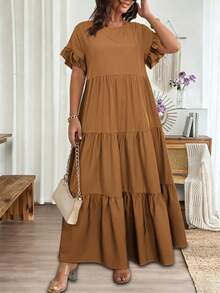 Vionelle Gaun Wanita Ukuran Besar Gaya Prancis Kasual Elegan Longgar Leher Bulat Lengan Pendek - Rust Brown - View 4