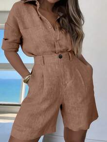 Balvessa Women's Solid Color Pocket Casual Versatile Daily Travel Blazer Shorts - Brown - View 5