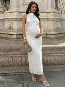 MaterniChic 孕婦純色修身露背優雅掛脖洋裝 - 白色 - 查看 4