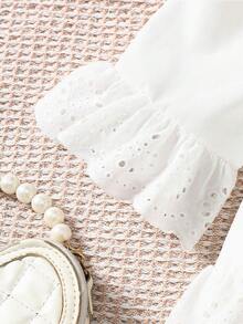 SHEIN 女童 2 件套甜美荷葉邊露肩上衣與串珠牛仔褲，適合夏季日常穿著 - 深灰色 - 查看 6