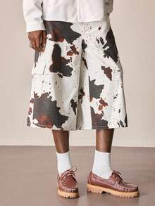 ROMWE MEN Street Life Men's Fashion Cow Print Button Pocket Denim Cargo Capri Pants - Beige - View 5