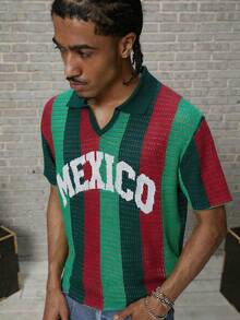 GALLERY FADE Camiseta de punto de manga corta con estampado de letras y rayas de color contrastante para hombre - Verde Oscuro - Ver 4