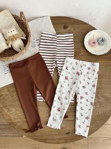 SHEIN Vintaside Kids 女嬰 3 件組春夏/秋冬長褲套裝，花卉數位印花 + 條紋數位印花 + 素色，3 件休閒簡約可愛長褲，適合戶外活動與休閒穿著 - 彩色 - 查看 3