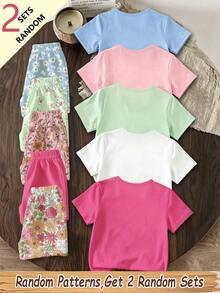 (Patrón Aleatorio, 2 Conjuntos Aleatorios) Conjunto de Camiseta Corta Básica y Pantalones Cortos con Patrón Creativo de Flores y Lazos para Niñas - Multicolor - Ver 2