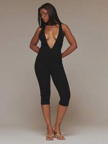 MUSERA Black Plunge V Neck Capri Jumpsuit Summer Fall Winter Day Womens Outfit Night Out Club Sexy - Black - View 5