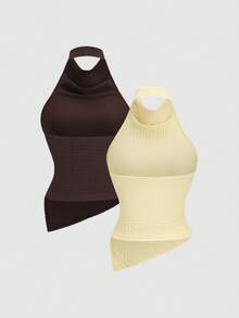Sweetra Women's New Fashion Versatile Halter Neck Backless Knit Elastic Textured Sleeveless Tank Top With Asymmetrical Hem, Multi-Color Light Yellow And Coffee Set - Multicolor - View 2