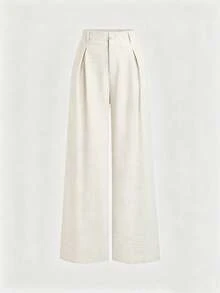 Sweetra Women's New Fashion Versatile Retro Elegant Color Woven Faux Linen Pleated Wide Leg Long Pants - White - View 1