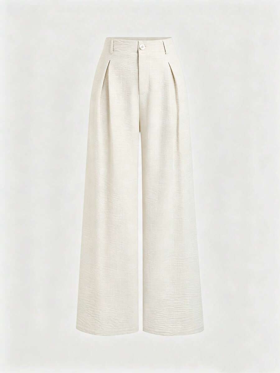 Sweetra Women's New Fashion Versatile Retro Elegant Color Woven Faux Linen Pleated Wide Leg Long Pants - White - View 1