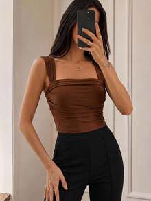 BizChic Women's Solid Color Pleated Wide Strap Camisole, Urban Commute Office Business Casual Wear, Basic Top For Party & Gathering, Autumn - Brown - View 1
