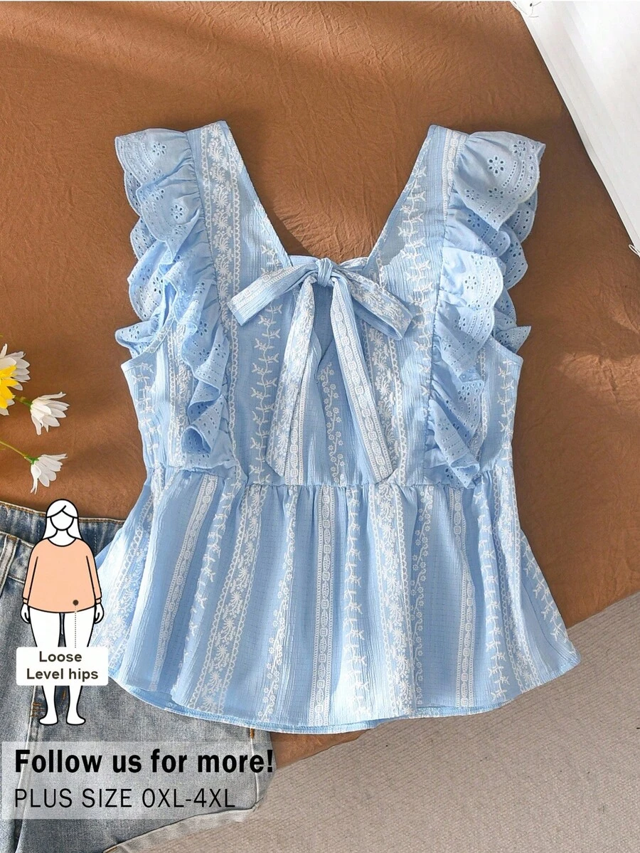 CosyJoli 大尺碼女款花卉刺繡圖案百褶休閒百搭日常穿搭上衣
