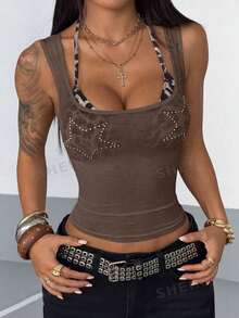 StreetHx Women's Fashion Summer Rivet Star Pattern Square Neck Fitted Tank Top - Mocha Brown - View 3