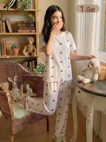 Young Women's Round Neck Cute Cherry All-Over Print Short Sleeve Long Pants Casual Knit Pajama Homewear Set - Apricot - View 1
