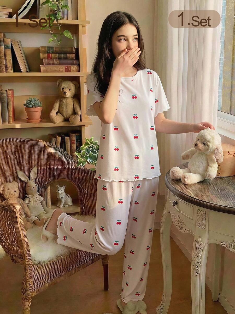 Young Women's Round Neck Cute Cherry All-Over Print Short Sleeve Long Pants Casual Knit Pajama Homewear Set - Apricot - View 1