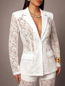 Silquee Elegant Solid Color Lace Blazer - White - View 5
