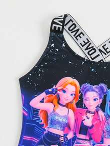 SHEIN 青少年女孩字母卡通印花連體泳衣，適合海灘度假、泳池派對、海灘派對 - 彩色 - 查看 7
