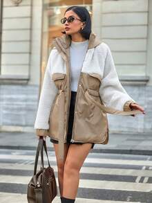 EURMUSE Faux Fur Jacket – Ultra-Warm Cropped Design With Plush Velvet Texture, Oversized Collar & Quilted - Beige - View 4