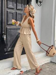 Serisse Casual Minimalist Khaki Striped Women's 2 Pieces Set, Suitable For Summer - Apricot - View 7