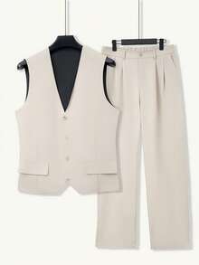 HUEFORM Women's Solid Color Single-Breasted Vest And Trousers Casual Commute Suit Set - Khaki - View 4
