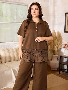 Lacomfia Minimalist Casual Solid Color Short Sleeve Hem Lace Trim Regular Fit Plus Size Shirt And Solid Color Elastic Waist Wide Leg Pants Spring/Summer Plus Size 2-Piece Set - Brown - View 3