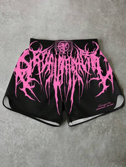 Manfinity EMRG Men's Black Gothic Streetwear Shorts, Pink Dark Aesthetic Letter Print Sports Shorts, Y2K Style Party Music Festival Shorts, Summer Casual Loose Drawstring Shorts, Vacation Streetwear Fitness Club Shorts