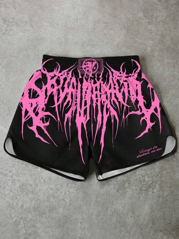 Manfinity EMRG Men's Black Gothic Streetwear Shorts, Pink Dark Aesthetic Letter Print Sports Shorts, Y2K Style Party Music Festival Shorts, Summer Casual Loose Drawstring Shorts, Vacation Streetwear Fitness Club Outfit Shorts