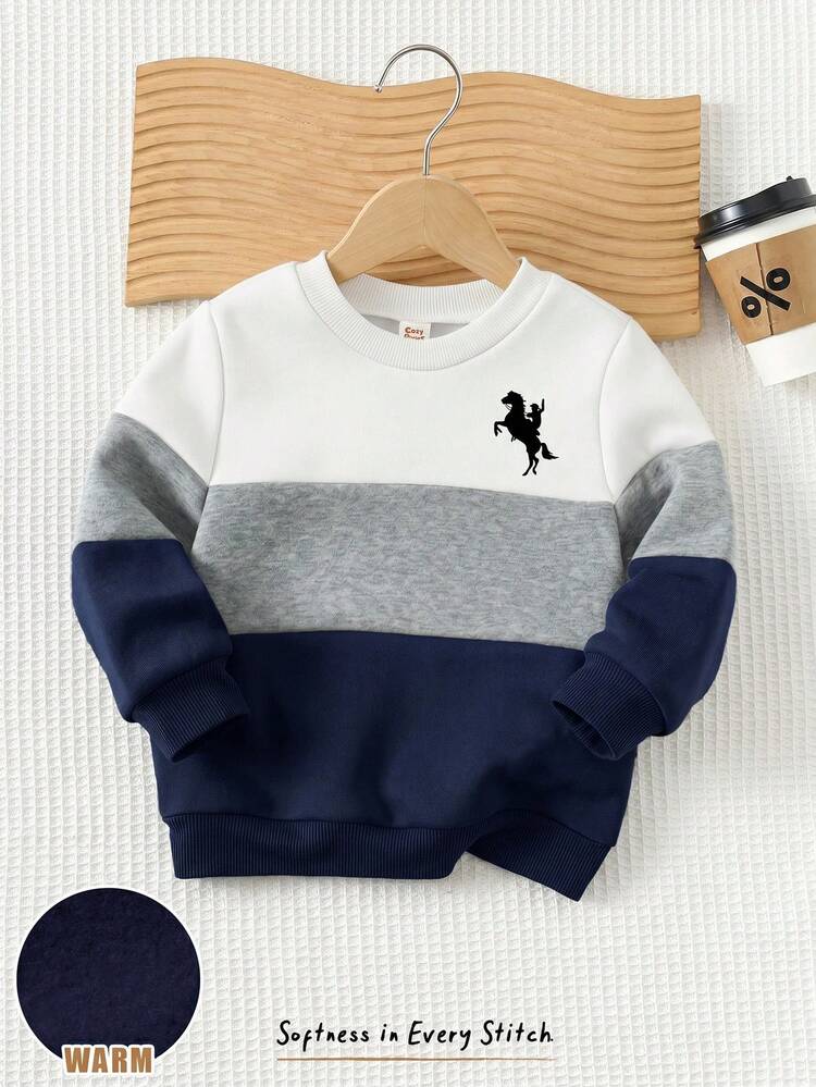 Cozy Pixies Kids Baby Boy Contrast Color Crew Neck Long Sleeve Pullover Sweatshirt, Versatile Comfortable In Autumn/ School - Multicolor - View 1