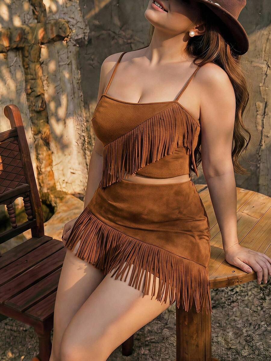 SHEIN MOD 加大码女式两件套棕色绒面流苏套装,音乐节服装,西部风格,西部服装,海岸音乐会服装,沙漠服装,假日服装两件套,适合外出 - 駝色 - 查看 1
