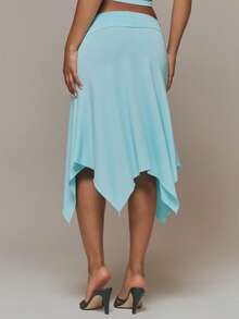 MUSERA Blue Slinky Ruched Front Draped Hanky Hem Midi Skirt - Blue - View 4