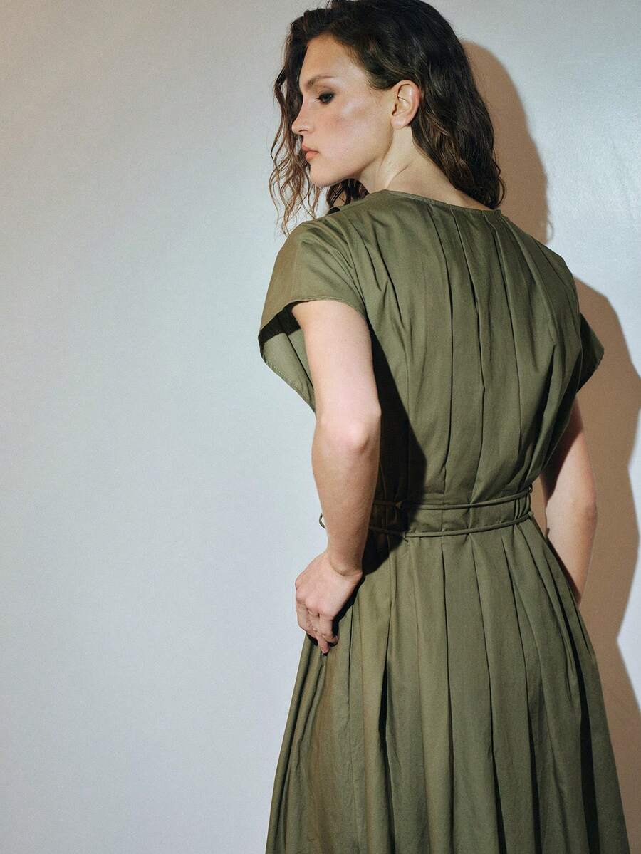 MOTF PREMIUM 100% COTTON DEEP V-NECK LONG DRESS, URBAN CASUAL & DATE WEAR, SPRING/SUMMER - Army Green - View 2