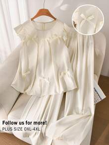 CosyJoli Plus Size Women Casual Fairy Set Bow Flutter Sleeve Blouse Long Pants Summer Clothing Cute White Outing Outfit Two Pieces Sleeping Lounge Home Wear - Apricot - View 2